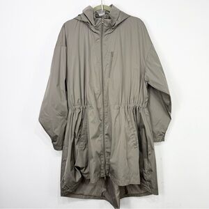 Stylus Taupe Cinch Waist Zip Up Detachable Hood Tunic Windbreaker Jacket